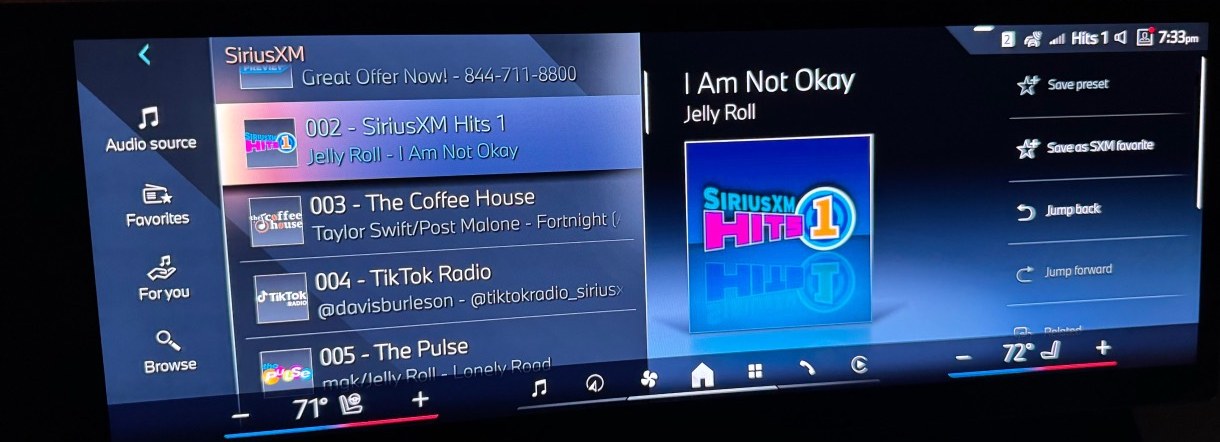 The current SiriusXM playback screen, a dense station list with no pause button