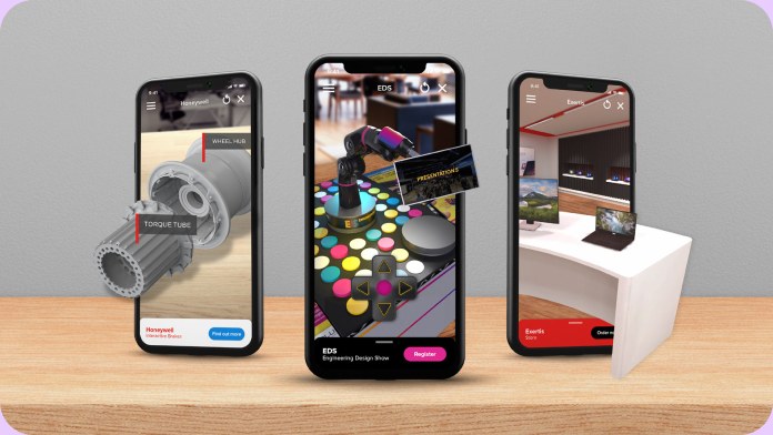 Three phones showing existing AR apps placing objects in a room