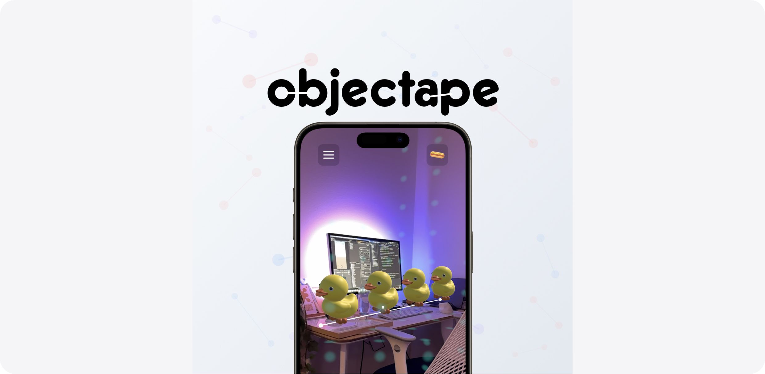 The Objectape wordmark above a phone showing rubber ducks spawned along a measured line