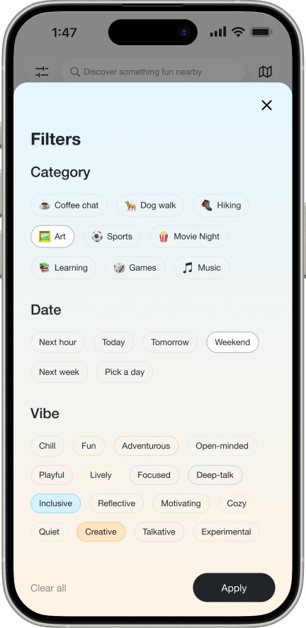 Category, date and vibe filters