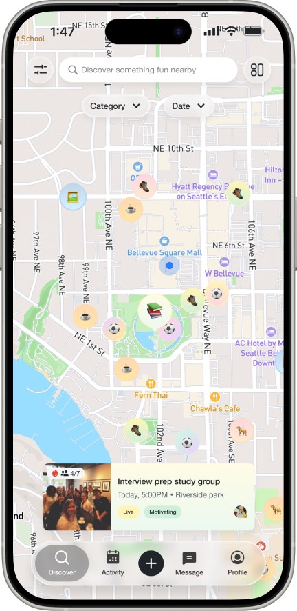 Nearby activities pinned on the map